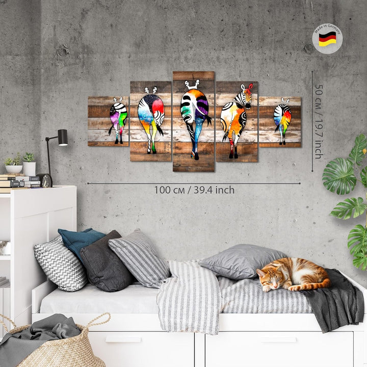 Runa Art Wandbilder Zebra 5 Teilig Bild auf Vlies Leinwand Deko Loft Wohnzimmer Streetart Beige Brau