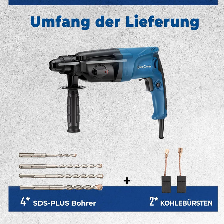 DongCheng Bohrhammer 800W, Schlagenergie 2.8 J, Leerlaufdrehzahl 0-1200U/min, mit 4 Drill Bit SDS pl