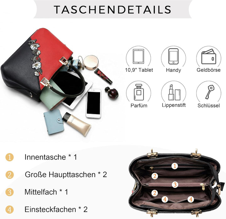 VARLIVOO Handtasche Damen Mittelgross Elegant Taschen mit Blumenstickerei Leader PU Henkeltasche Fra
