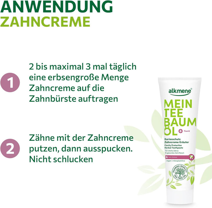 alkmene Mein Teebaumöl Kariesschutz Zahncreme Kräuter 2x 100 ml mit 6fach Schutz - naturreines Teeba