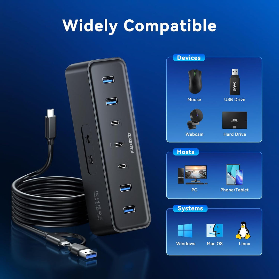 FIDECO 7 Port USB 3.0 Hub mit 1.2m Kabel für Desktop/PC/MacBook, 5Gbps USB Verteiler mit 4 USB-A + 3