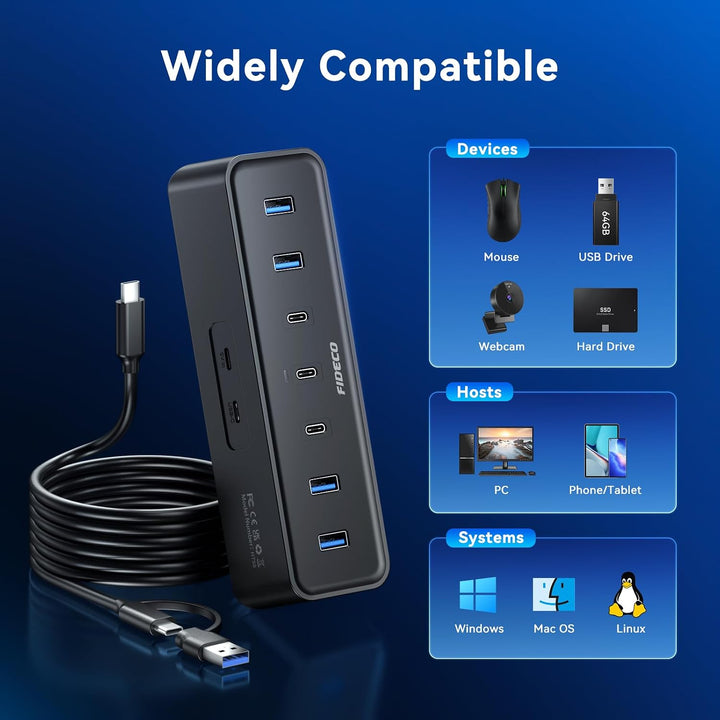 FIDECO 7 Port USB 3.0 Hub mit 1.2m Kabel für Desktop/PC/MacBook, 5Gbps USB Verteiler mit 4 USB-A + 3