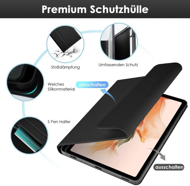 SOPPY Hülle mit Tastatur für 12,4'' Samsung Galaxy Tab S9 FE+/S9 Plus/S8+/S7+/S7 FE, Kabellose 7-Far