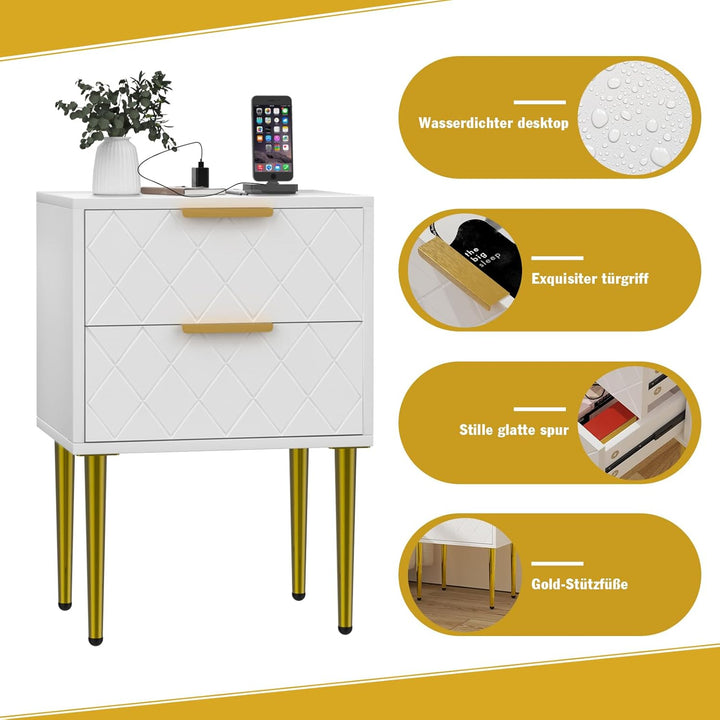 Nachttisch mit Ladestation, 2er Set, Nachtschrank mit 2 Schublade, 2 AC-Steckdosen, 2 USB-Anschlüsse
