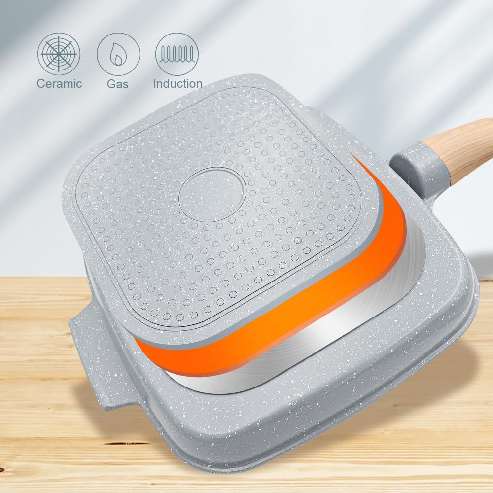 Grillpfanne mit Deckel 26 x 24 cm, Antihaft Keramikbeschichtung, Grill Pfanne mit Abnehmbarer Griff