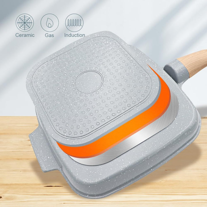 Grillpfanne mit Deckel 26 x 24 cm, Antihaft Keramikbeschichtung, Grill Pfanne mit Abnehmbarer Griff