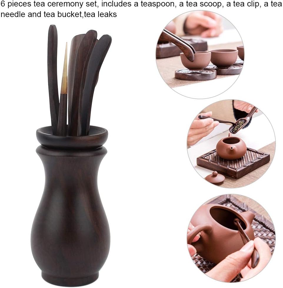 Teezeremonie-Set, 6-teilig, Teebesteck aus Bambus, Teeschaufel aus Ebenholz, Clip, Nadel, Eimer, Aus