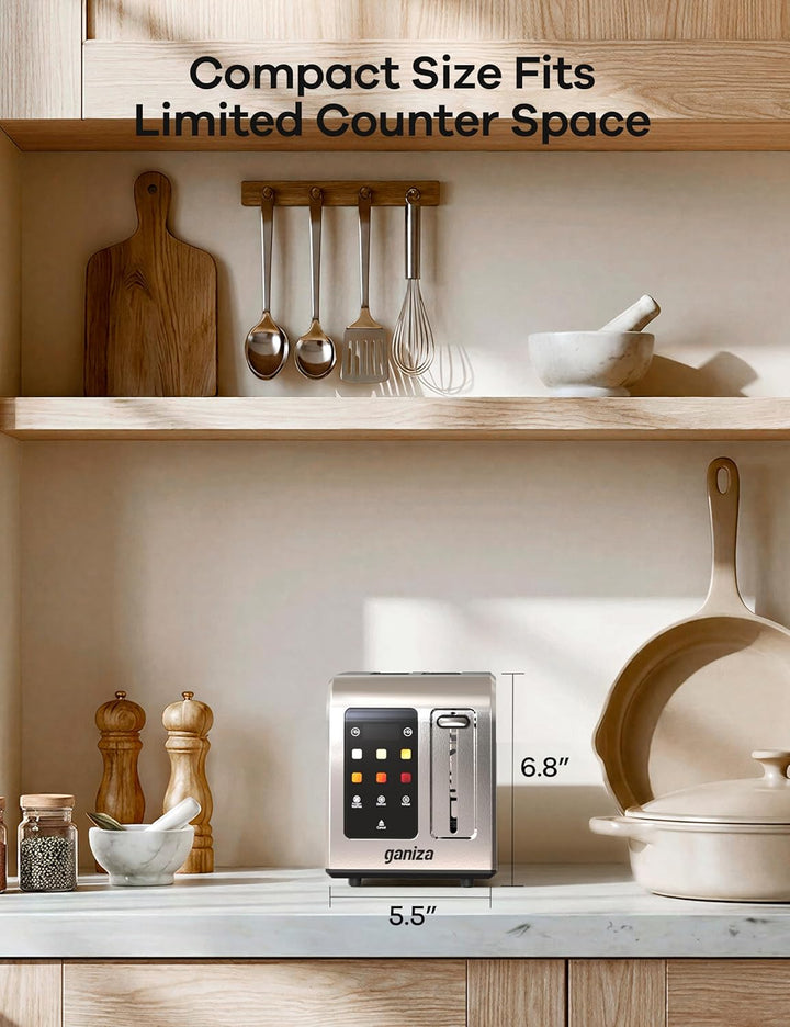 Ganiza Smart Toaster 2 Scheiben, Toaster Edelstahl mit Touchscreen, digitaler Timer, 6 Bräunungsstuf