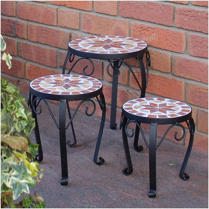 dszapaci Blumenhocker 3er Set Mosaik rund Garten Blumenständer Metall Terrasse Pflanzenständer Keram
