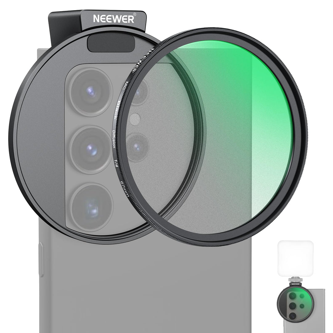 NEEWER 67 mm 1/4 schwarzer Diffusionsfilter & Kaltschuh-Handyclip für Handy, inklusive Tragetasche u