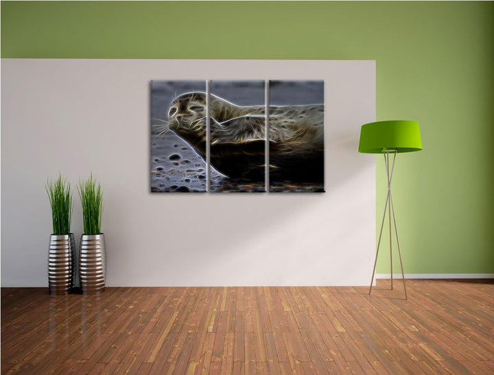 süsse Robbe beim Putzen NewArt 3-Teiler Leinwandbild 120x80 Bild auf Leinwand, XXL riesige Bilder fe
