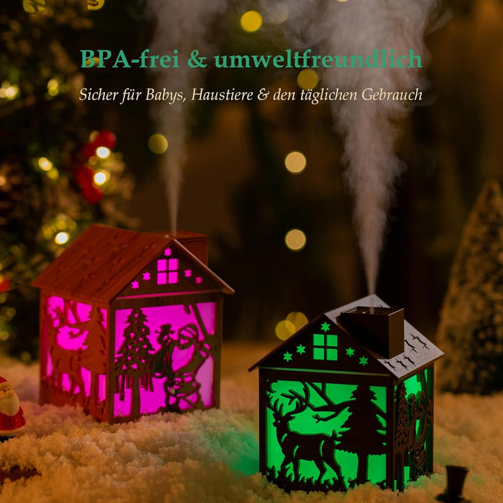 Mini Luftbefeuchter Weihnachten – 240ml Cool Mist Holzoptik USB Tischgerät mit LED Licht & Weihnacht