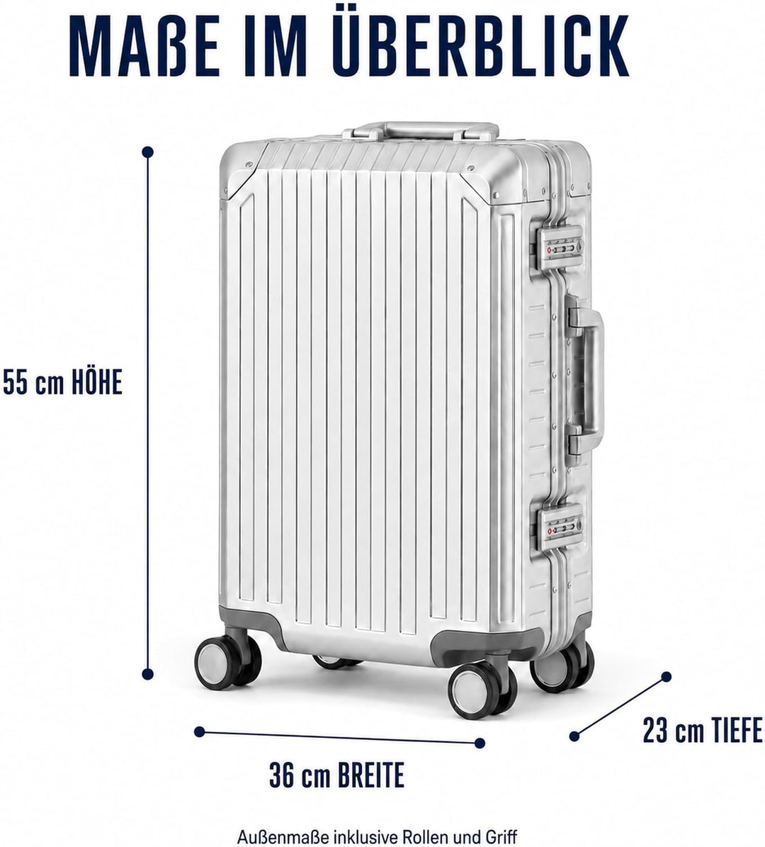 Travelhouse 100% Aluminium Handgepäck Koffer Tokyo 55cm- Mit 2X TSA und 4 Silent Move Doppelrollen V