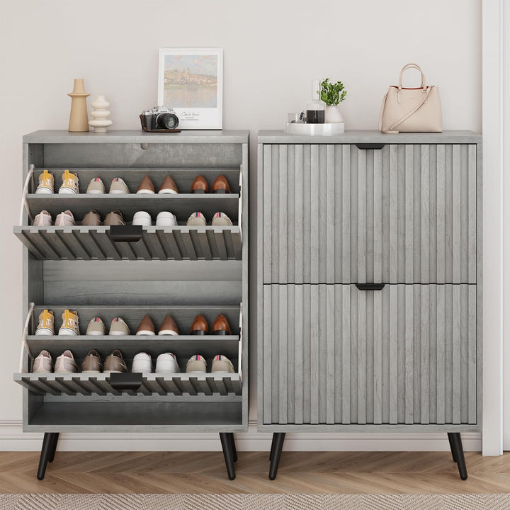 Smuxee Schuhschrank mit 2 Klappfächern, 60 cm Grauer Schuhschrank mit geriffeltem Design, freistehen