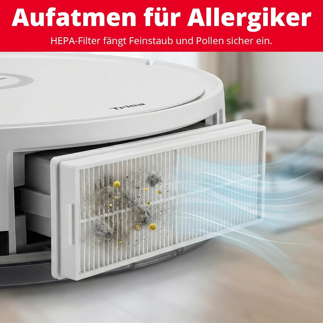 Trisa T-Bot Lite Saugroboter, 1300Pa, HEPA-Filter &amp; Magnetband-Abgrenzung | 1300 Pa Saugkraft, 90 Mi