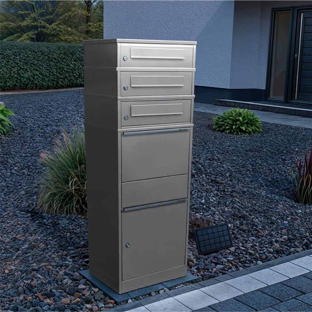Metzler Paketbox mit LED-Solarbeleuchtung und 3 Briefkästen in Graualuminium RAL 9007, wetterfest un