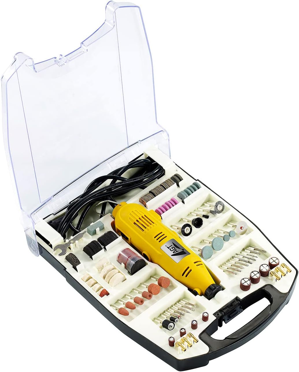 AGT Mini Bohrmaschine: Multifunktionswerkzeug, variable Drehzahl, Transportkoffer, 233 Teile (Bastel