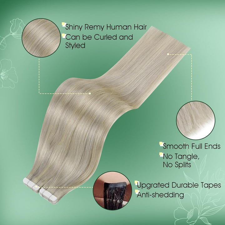 RUNATURE Blond Echthaar Tape in Extensions Dunkelblond mit Platinblond Haarverlängerung Tape in Echt