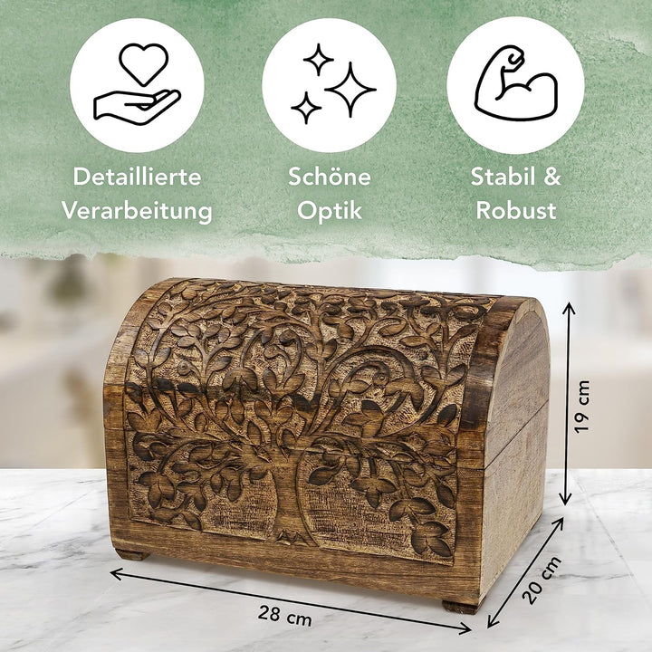Schatztruhe robuste Schatzkiste Holz „Baum des Lebens“, 28 x 20 x 19 cm, massives Mangoholz, in Hand