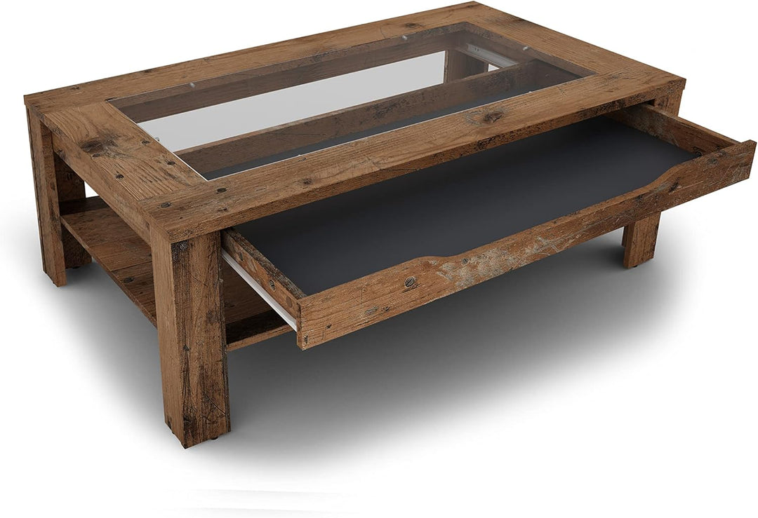 byLIVING Couchtisch Ralph/moderner Sofatisch mit Glaseinlage und grosszügiger Schublade in Old Wood-