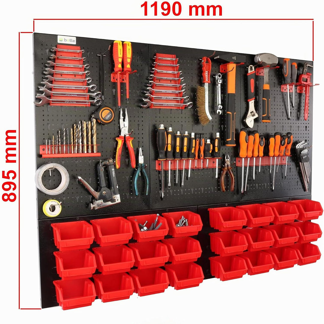 botle® Werkzeugwand Lochwand aus Metall, Stapelboxen + Wandregal + Werkzeughalter 51-tlg Set, Kleint