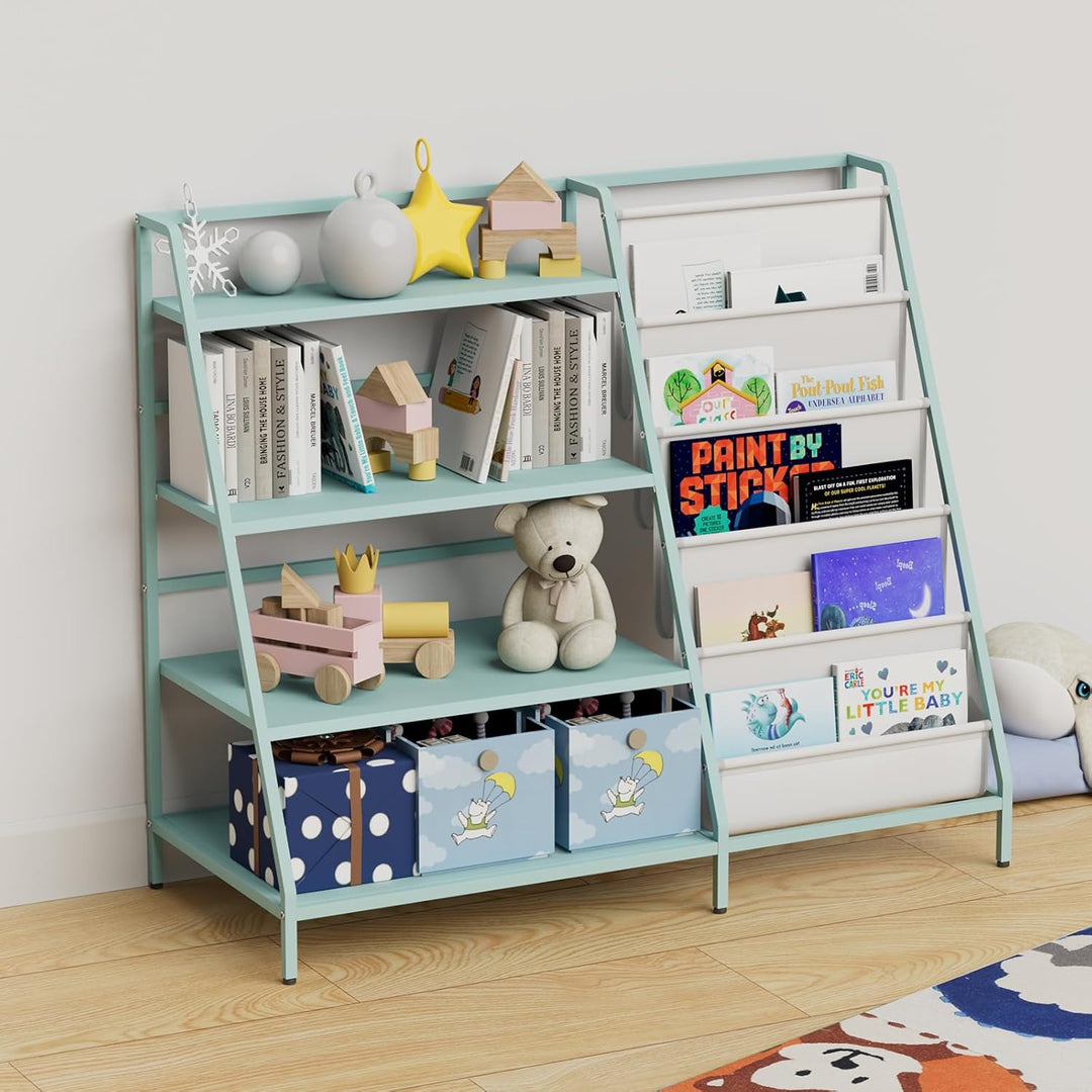 KEEPREAPER Bücherregal Kinder Metall mit 5 Fächern und 3 Ablagen, Kinderregal Montessori Spielzeug-O
