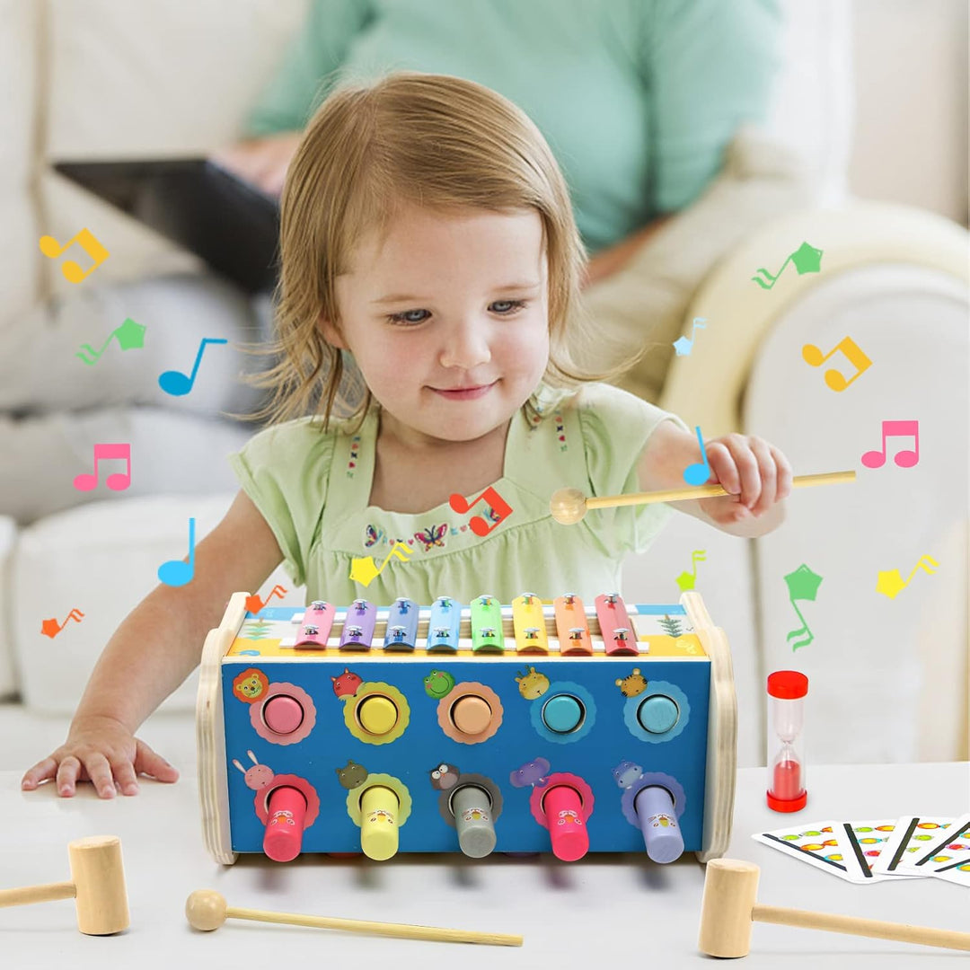 jerryvon Motorikspielzeug Montessori Spielzeug ab 1 Jahr, 4-in-1 Hammerspiel & Klopfbank mit Xylopho