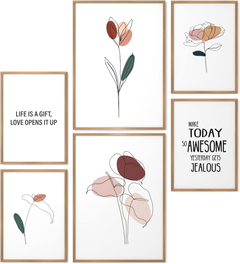 Papierschmiede® Mood Poster Set Blumen Abstrakt, Fertiges Bilder Set mit Rahmen (Holz, Natur), Wohnz