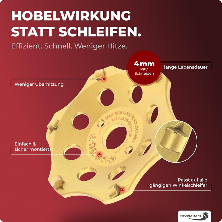 PRODIAMANT PKD Diamantschleiftopf 125mm für Winkelschleifer - 6 Segmente für Beton, Estrich & robust