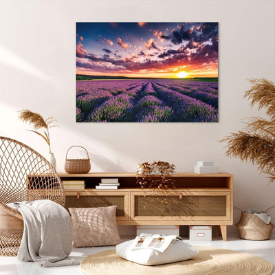 Bilder auf Leinwand 100x70cm Leinwandbild mit Rahmen Lavendel Berge Feld Gross Wanddeko Bild Schlafz