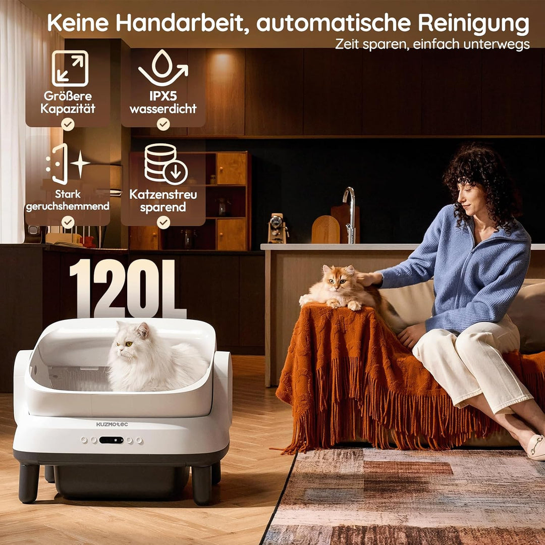 Selbstreinigende Katzentoilette 120L XXXL, Automatisches Katzenklo mit App-Steuerung &amp; Geruchsbeseit
