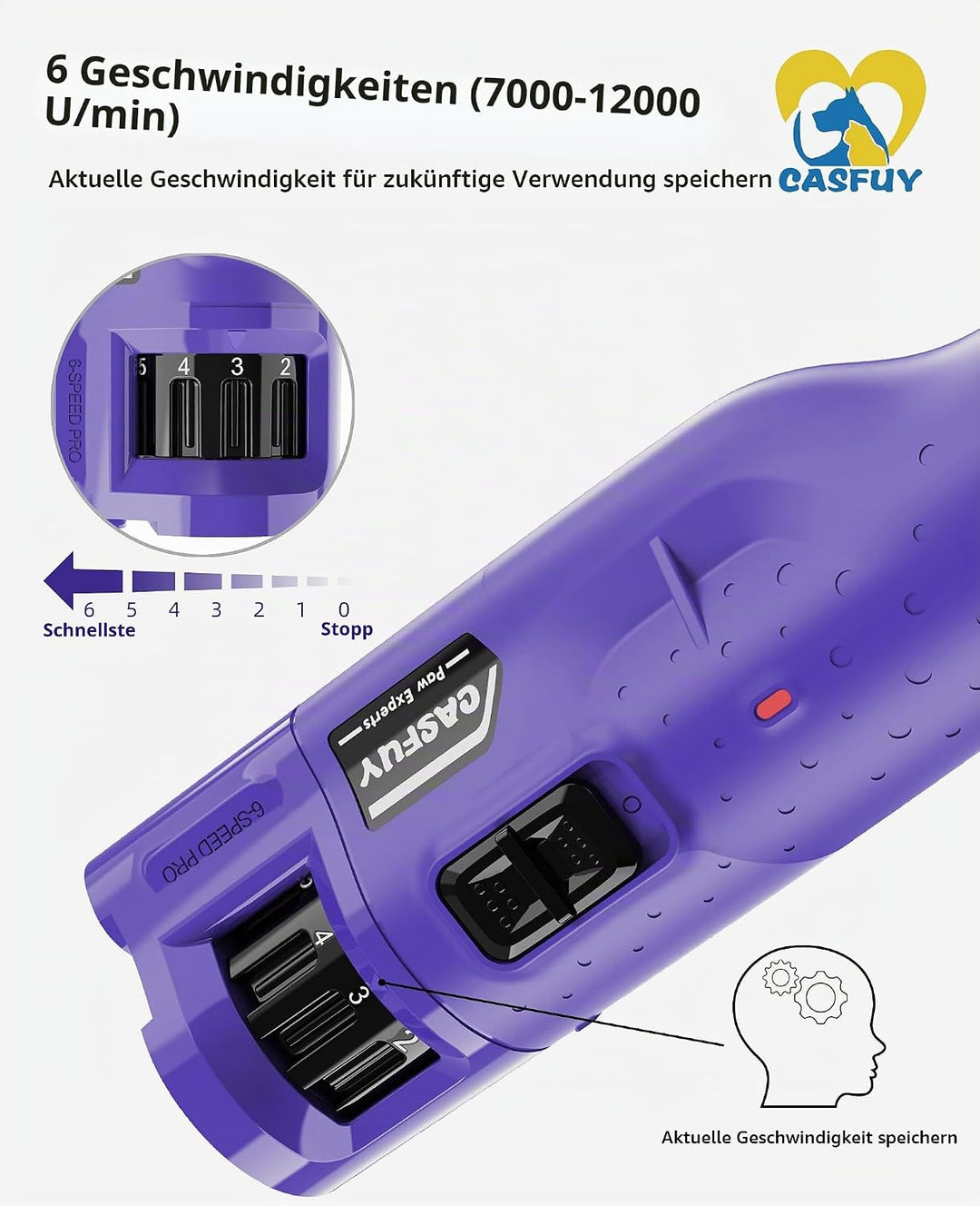 Casfuy Krallenschleifer für Hunde - (45 dB) 6-Gang-Haustier-Krallenschleifer mit 2 LED-Lichtern für