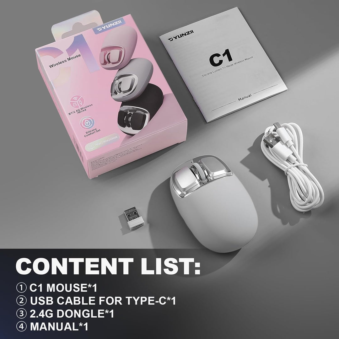 YUNZII C1 Silikon-Funkmaus,Tri-Mode 2,4 GHz/USB-C/Bluetooth Maus, 4800 DPI Optisches Abtastung, 6 Ve
