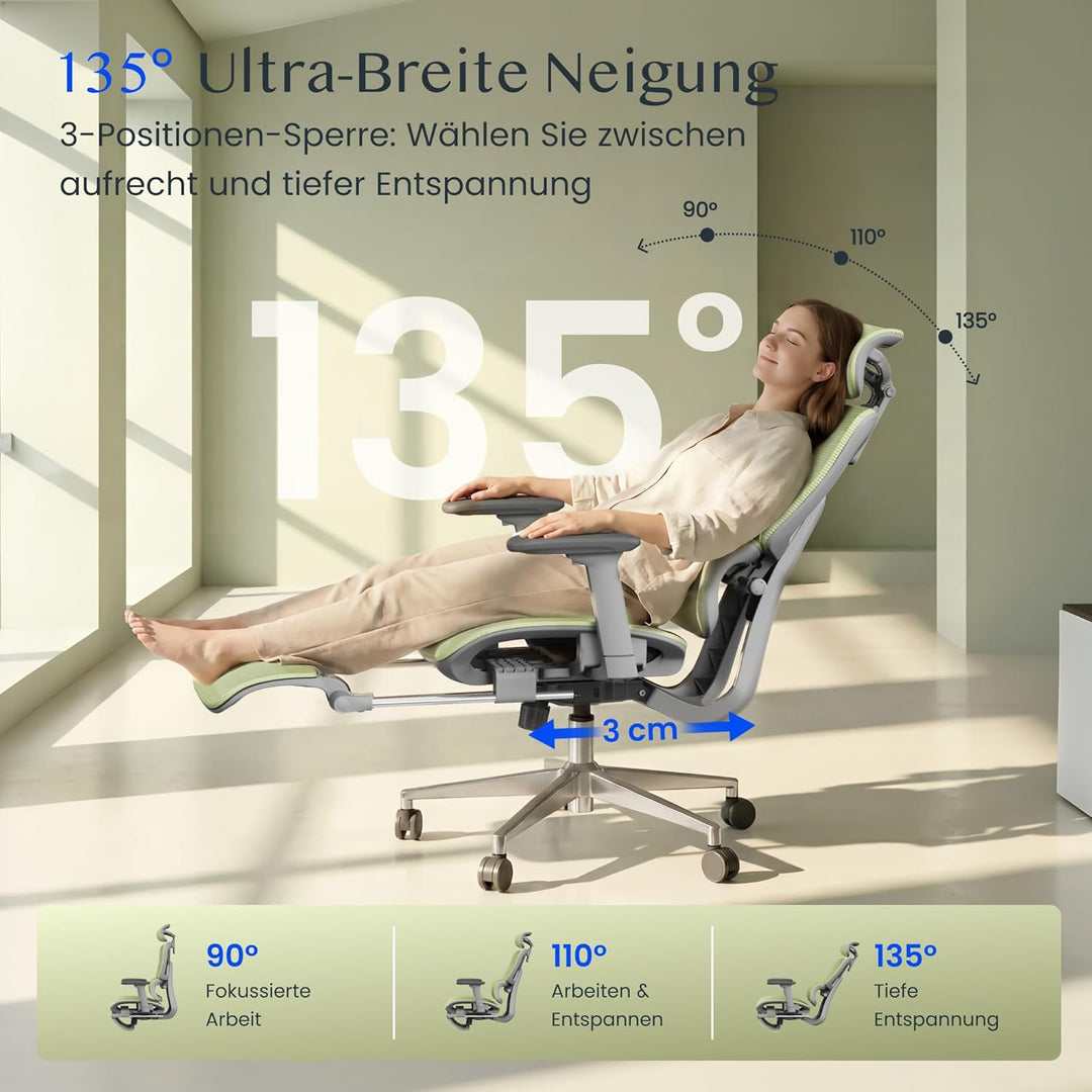 FLEXISPOT ErgoX Ergonomischer Bürostuhl mit Fussstütze Schreibtischstuhl, 3D-Armlehnen, 3D-Kopfstütz