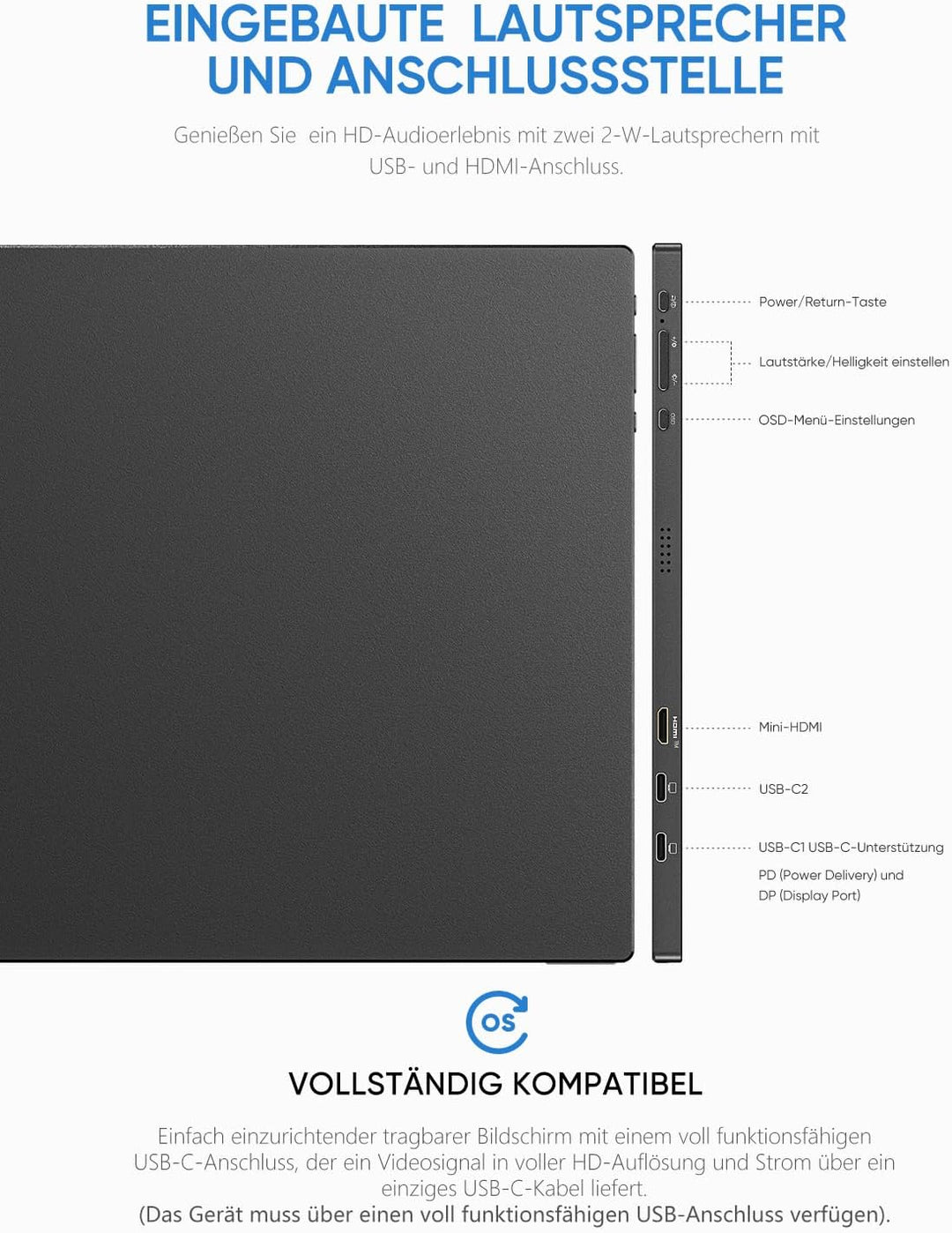 ARZOPA Portable Monitor, 15.6 Zoll Tragbarer Monitor, 1920x1080 Full HD, 100% SRGB IPS Externer Mobi