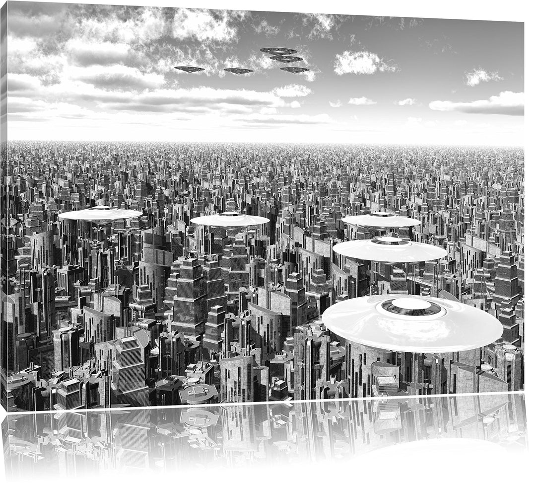 Pixxprint UFO´s über der Stadt Kunst B&W als Leinwandbild | Grösse: 100x70 cm | Wandbild | Kunstdruc