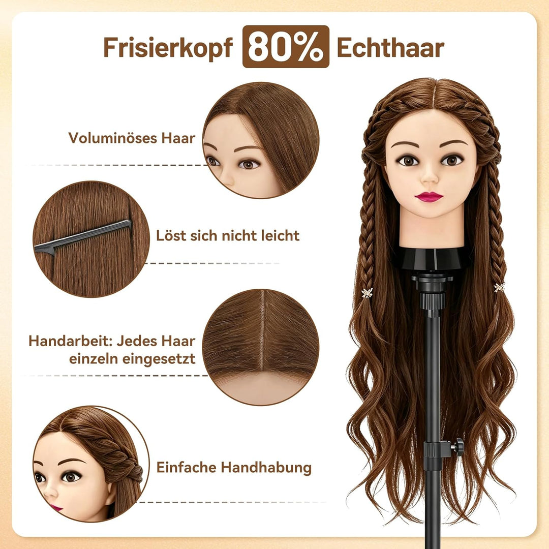 TwoWin Frisierkopf 80% Echthaar, Übungskopf 24 Zoll /60cm Friseurkopf, Trainingskopf für Friseure fü