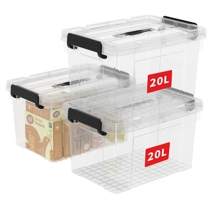 Cetomo,20L,3er-Pack, Aufbewahrungsbox mit deckel,Aufbewahrungsboxen, mit Clips, stapelbar, Wohnzimme