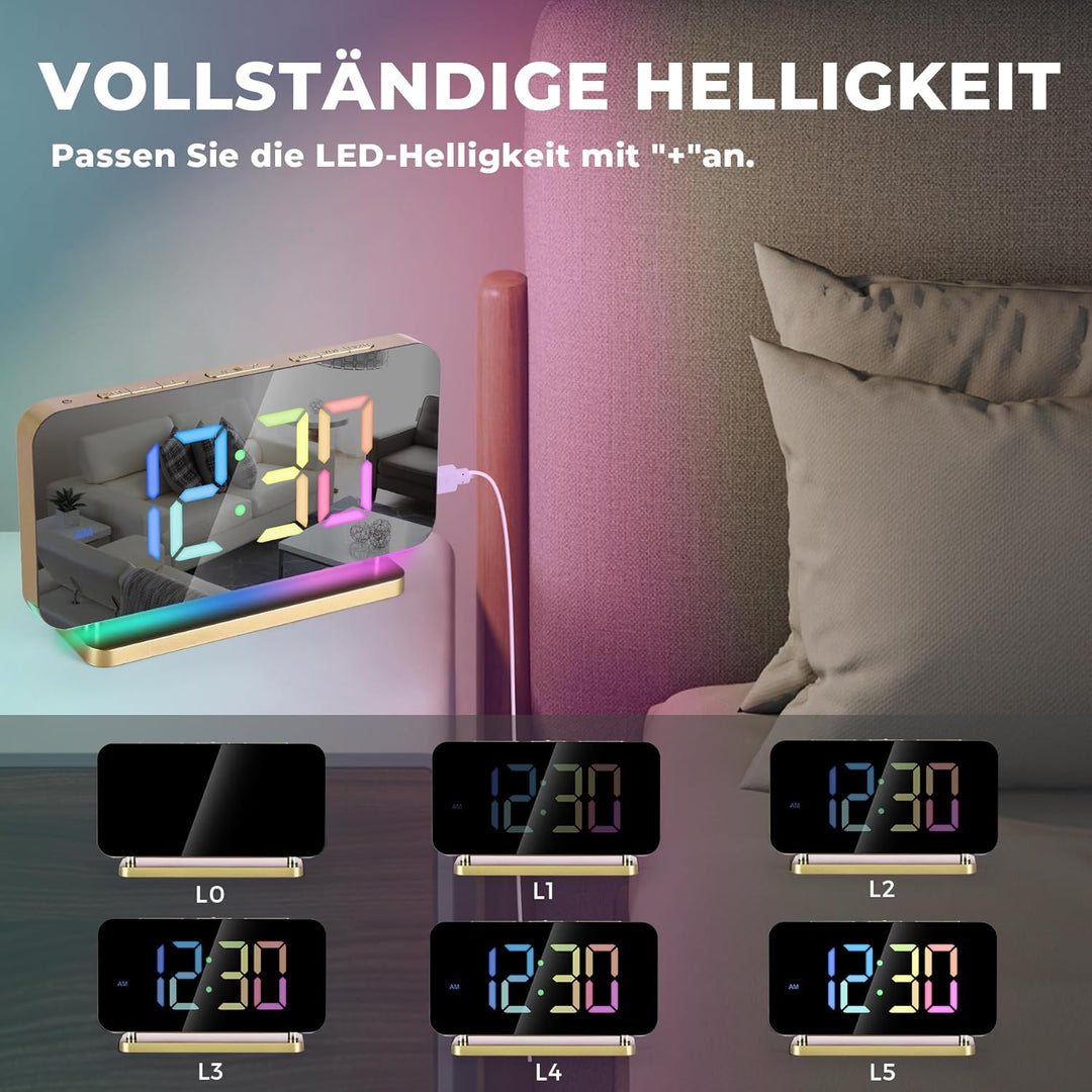SZELAM Wecker Digital,Wecker Nachttisch,7,4" LED-Spiegeluhr mit 10 Modi RGB-Nachtlicht,11 Farben LED