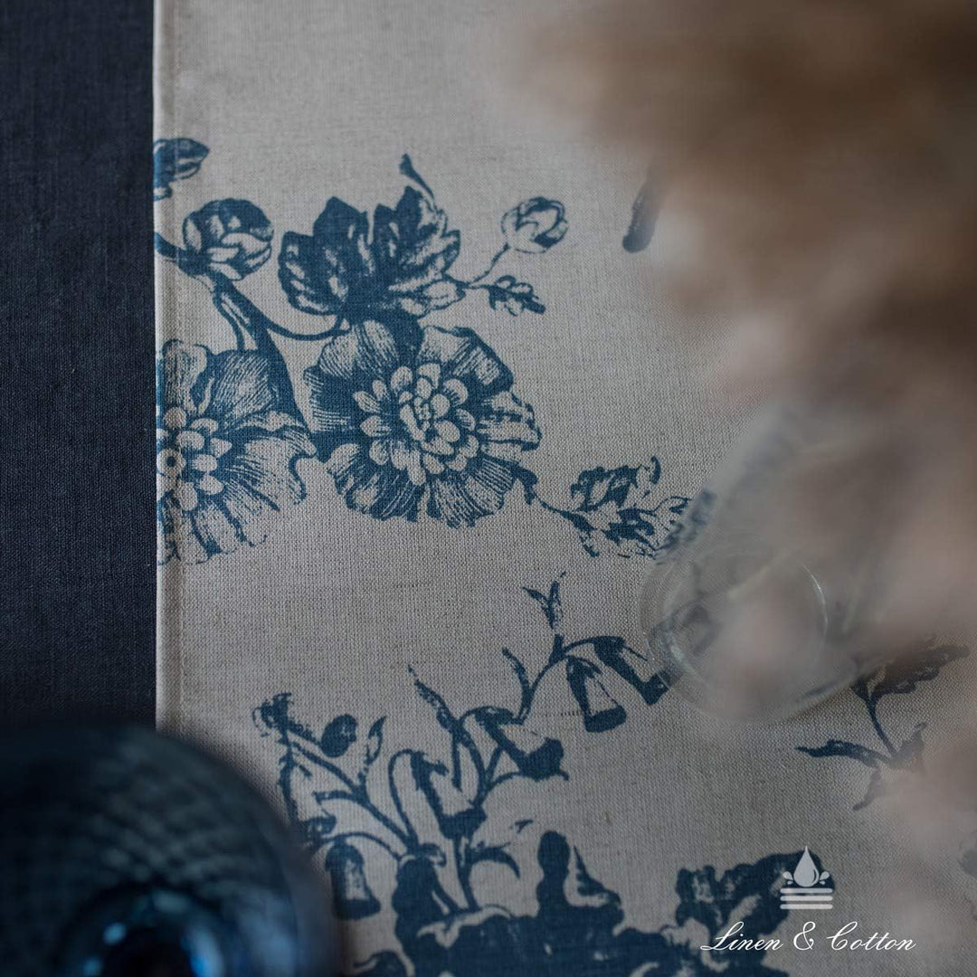 Linen &amp; Cotton Tischläufer Fiore mit Blumen Motiv - 59% Leinen, 41% Baumwolle, Beige Blau (34 x 200
