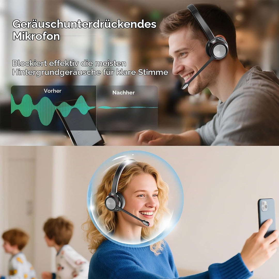 Bluetooth Headset mit Mikrofon Noise Canceling, Wireless Headset mit USB Dongle für PC, 40 Stunden S
