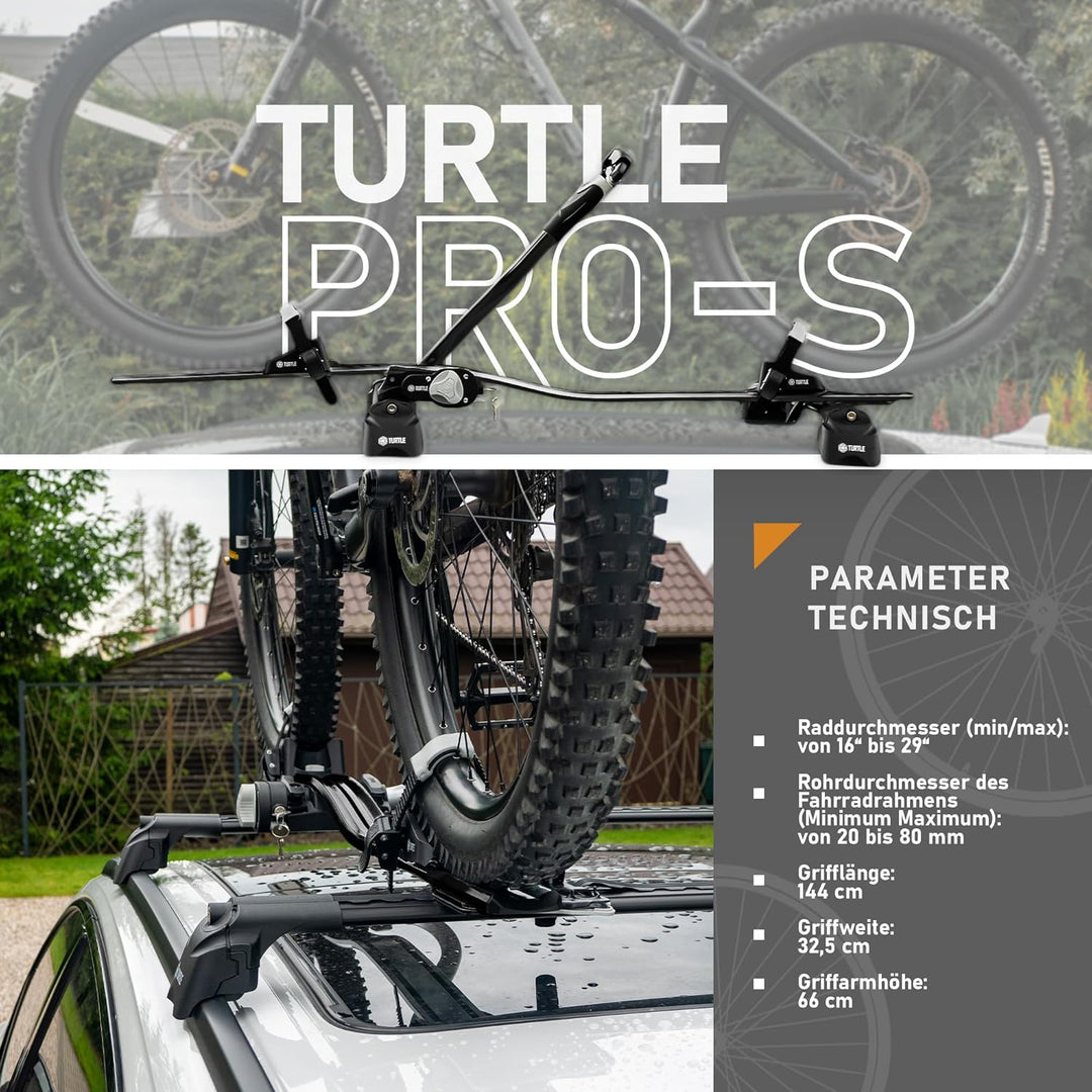 Turtle Pro-S | Fahrradträger, Fahrrad Dachträger, Universeller Fahrradhalter fürs Autodach | Abschli