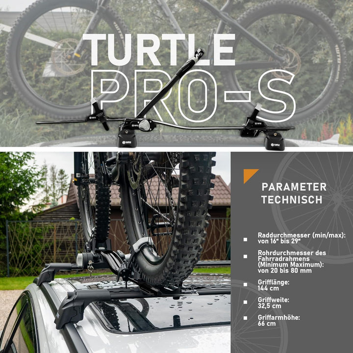 Turtle Pro-S | Fahrradträger, Fahrrad Dachträger, Universeller Fahrradhalter fürs Autodach | Abschli