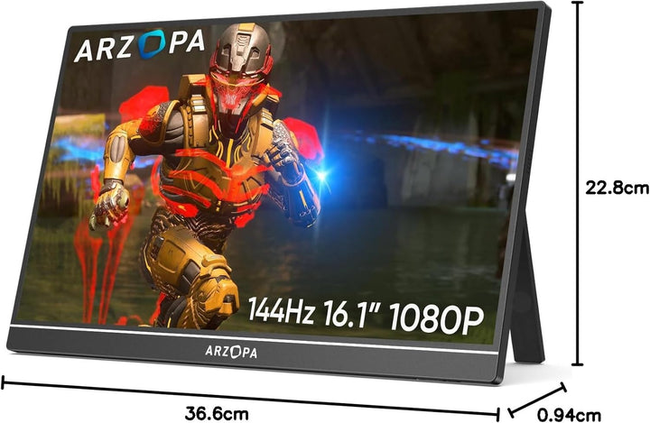 ARZOPA 16.1" 144HZ Portable Monitor, 1920×1080 FHD IPS Tragbarer Monitor für Laptop mit Einstab, Unt