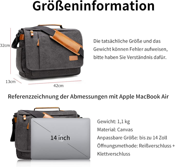Estarer Umhängetasche 14 Zoll Laptoptasche Messenger Bag für Alltag Sport Reise, S