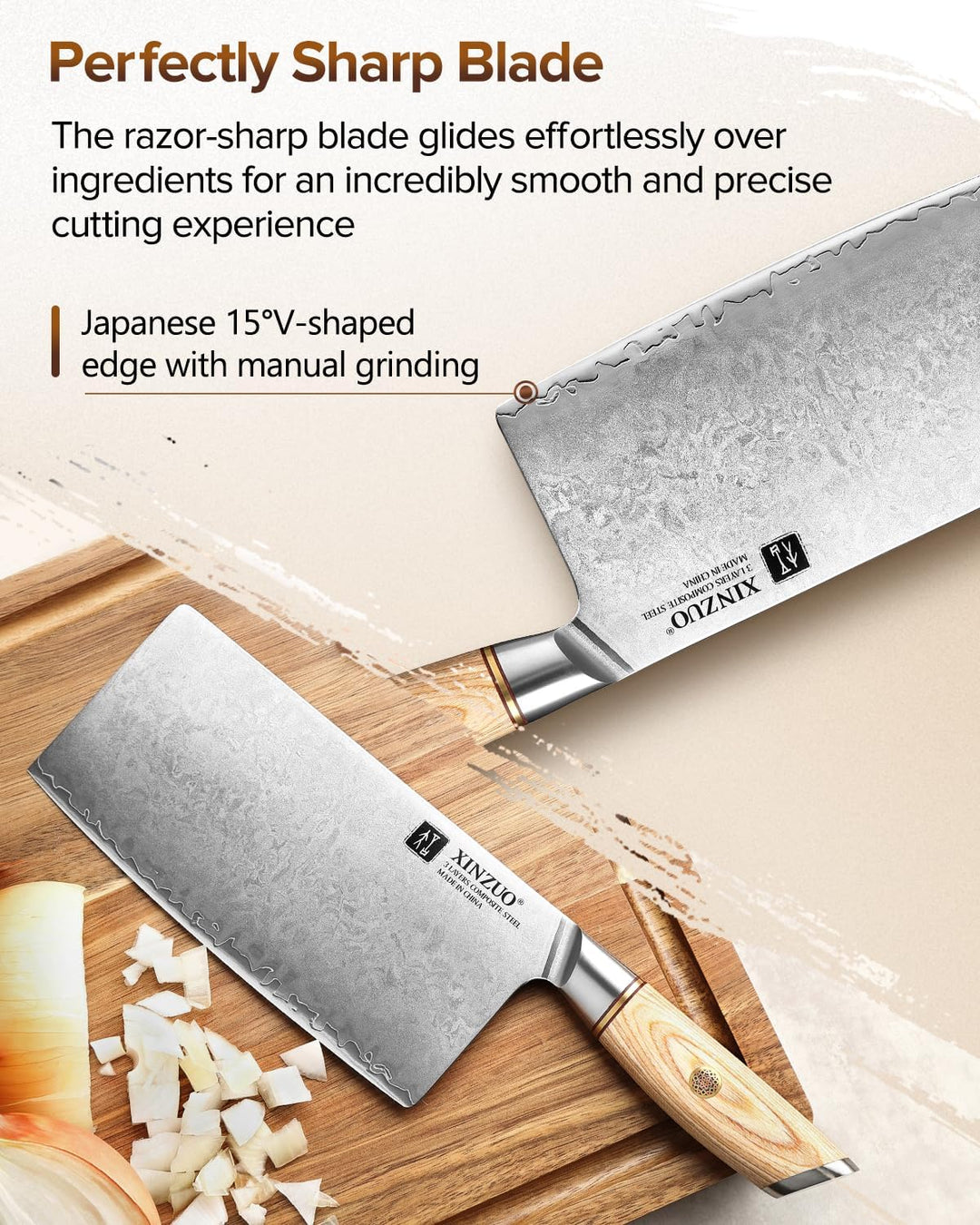 XINZUO 19cm Hackmesser Verbundstahl 10Cr15CoMoV, Profi Chinesisches Kochmesser Edelstahl Hackbeil, 3