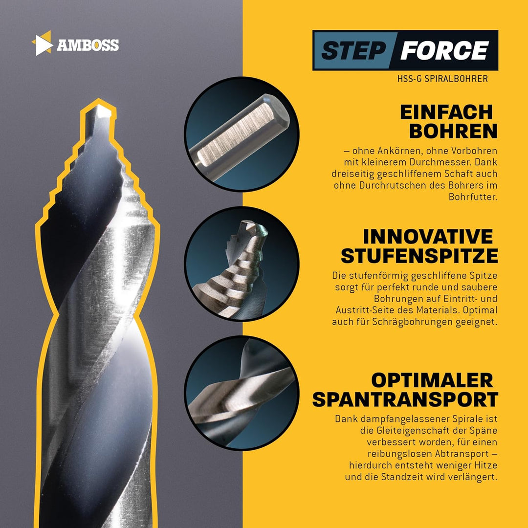 Spiralbohrer Step Force 25tlg. SET Ø1-13 mm - HSS-G DIN 338 für Stahl, Baustahl, Alu, Buntmetalle AM