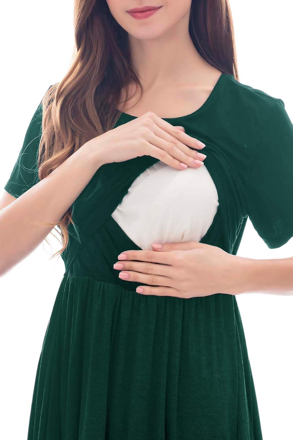 Smallshow Damen Lässiges Kurzarm Stillkleid Umstandskleid für Stillen Dunkelgrün(solide) M, Dunkelgr