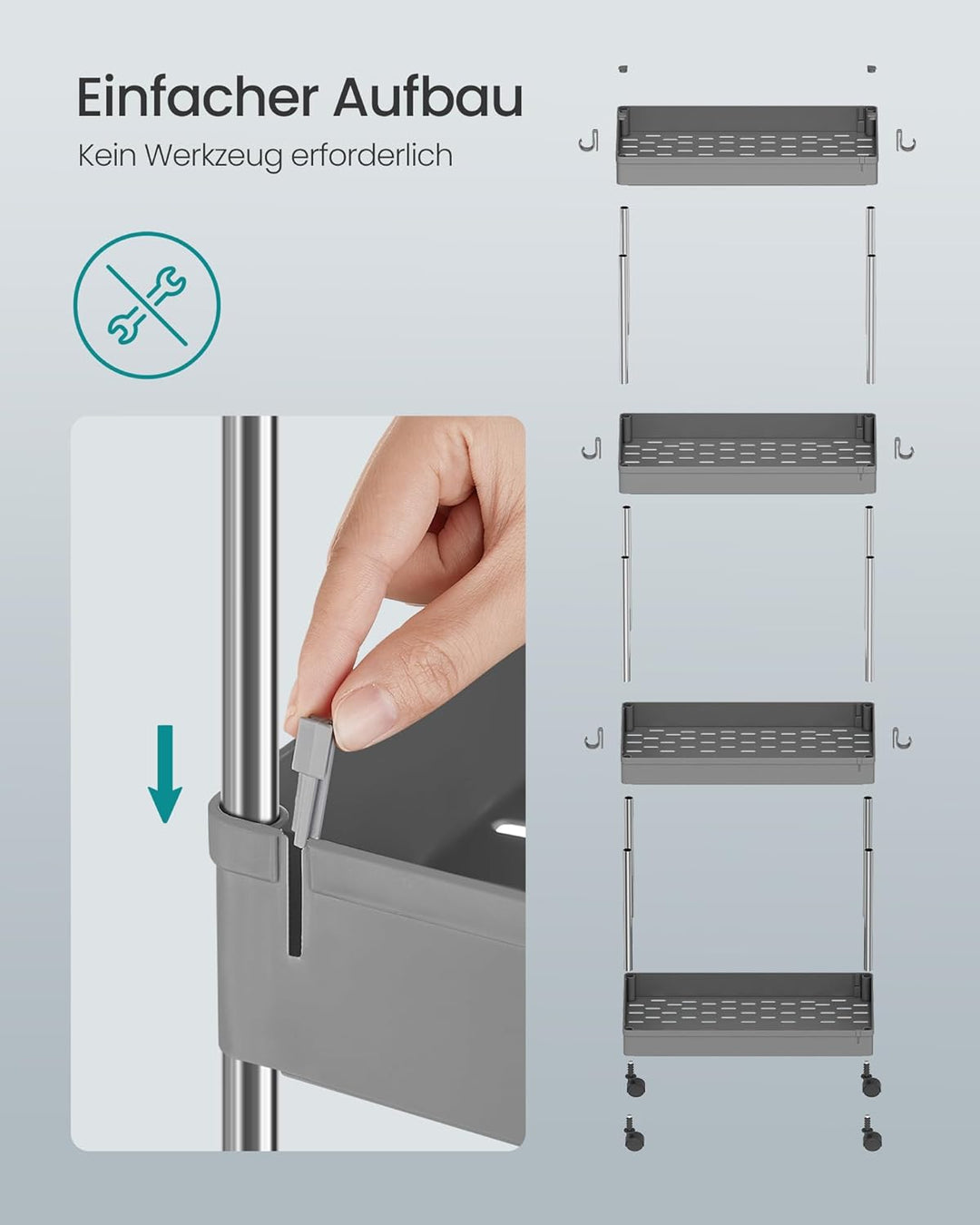 SONGMICS Rollwagen, Küchenwagen, Küchenregal, Nischenregal, mit 6 Haken, 360° drehbare Räder, Stahlg