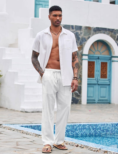 COOFANDY Herren Hose Lange Leinenhose Leicht Sommerhose Strandhose Elastische Taille Yoga Hosen Männ